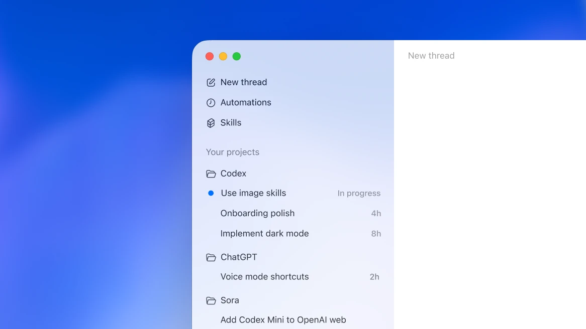 Official OpenAI screenshot of Codex projects and agent threads